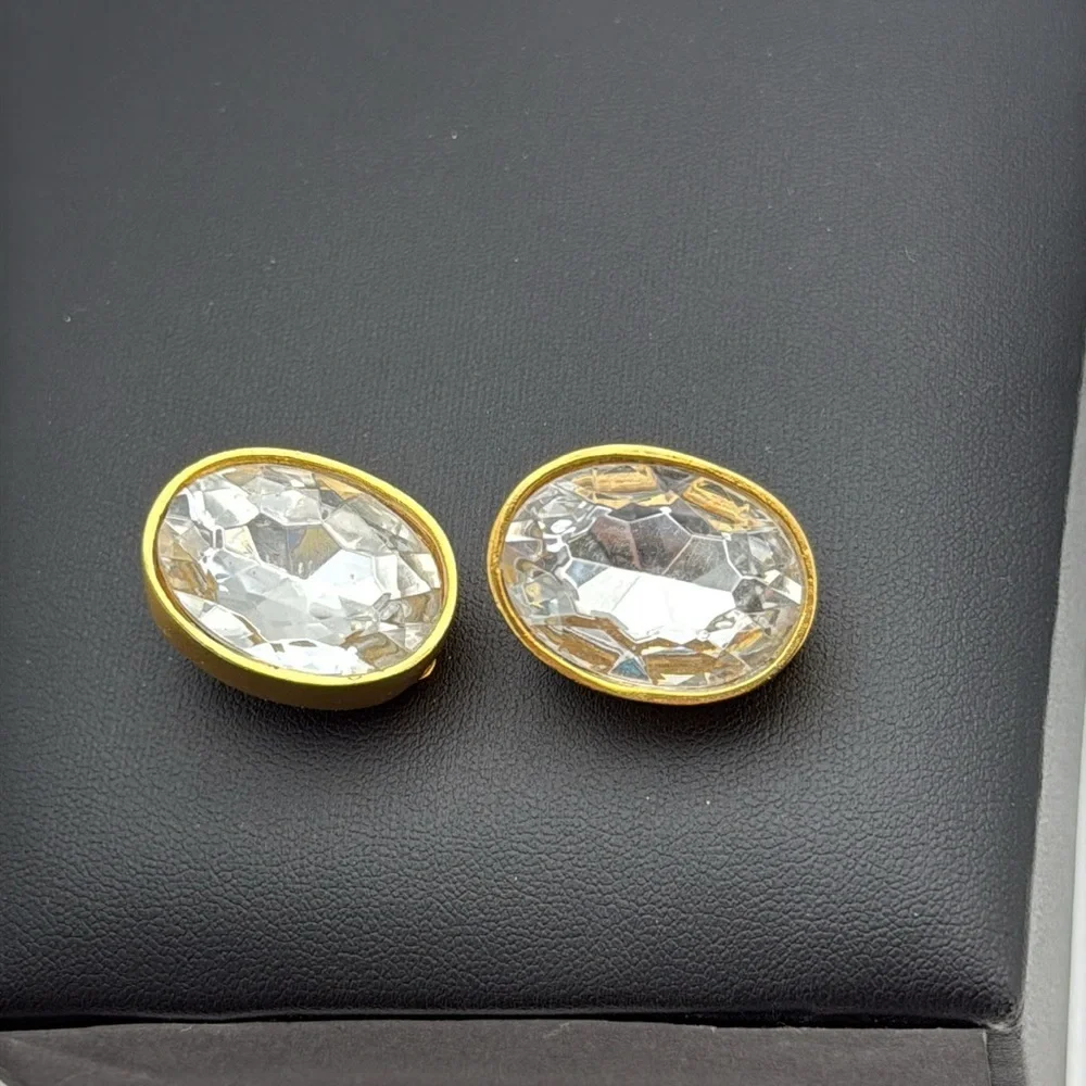Vintage Ellen Deisgn clear faceted headlight 80s oval statement clip earrings
